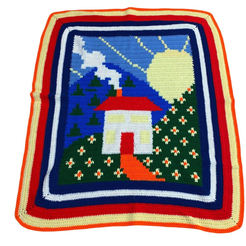 Vintage Handmade‎ Crochet Afghan Throw Blanket Scene House Novelty 38x45 Lap